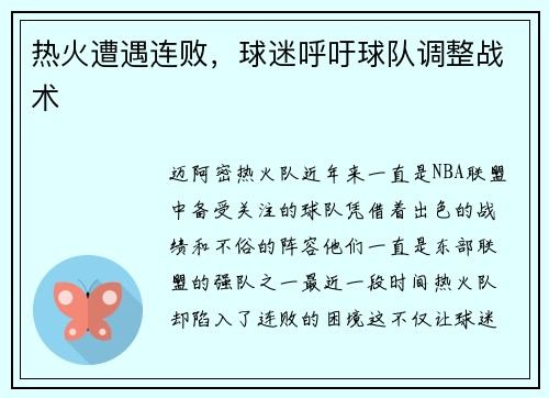 热火遭遇连败，球迷呼吁球队调整战术