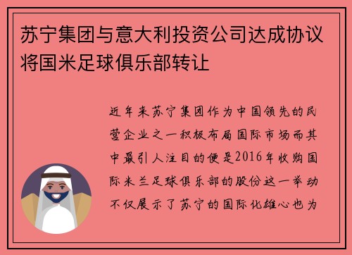 苏宁集团与意大利投资公司达成协议将国米足球俱乐部转让