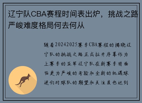 辽宁队CBA赛程时间表出炉，挑战之路严峻难度格局何去何从